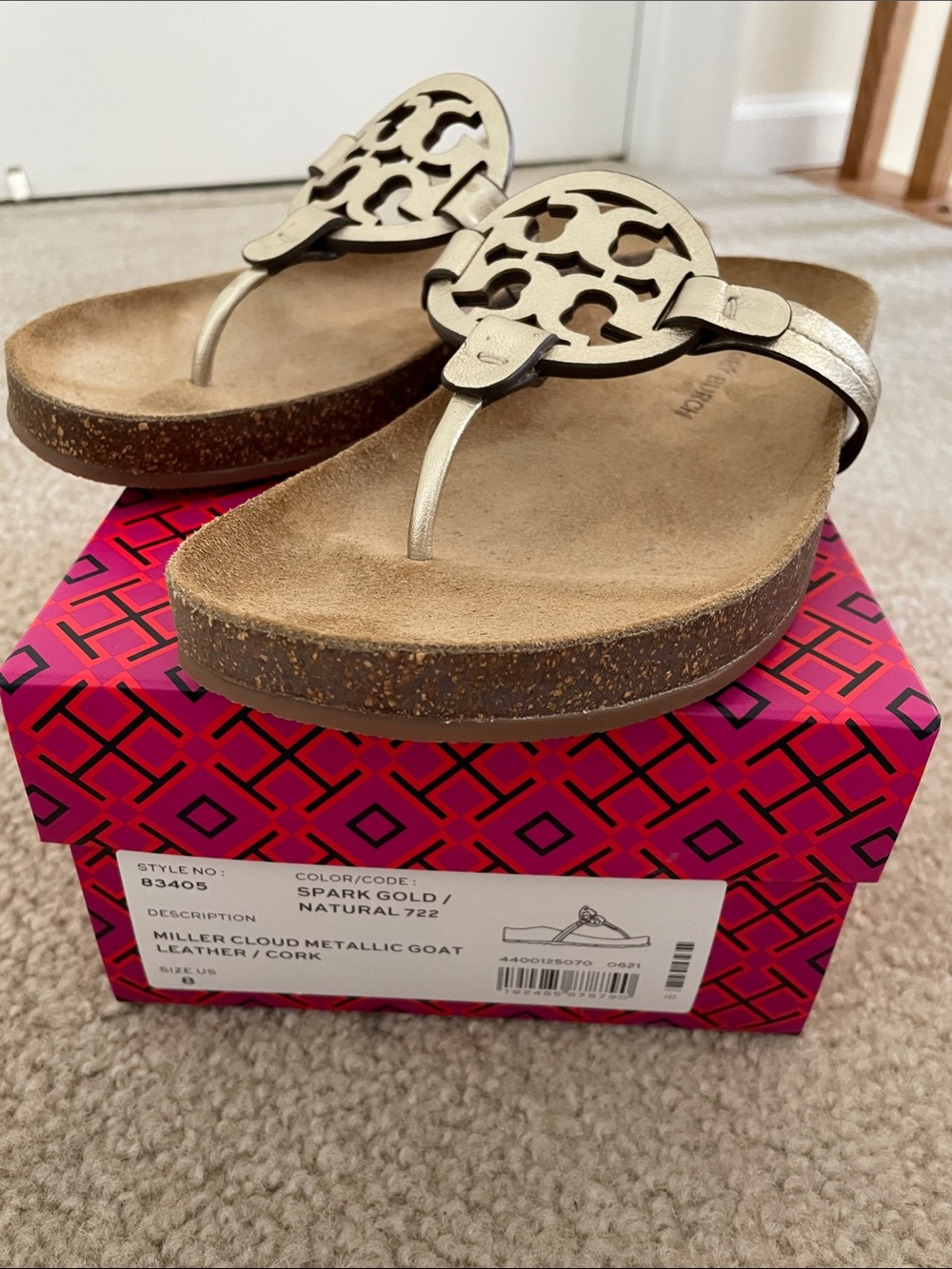 Tory Burch size 8 Miller Cloud Gold metallic goat leather with cork